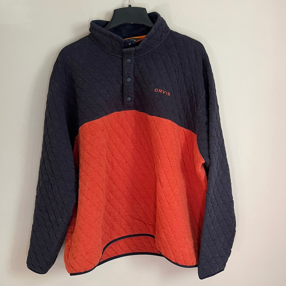 Orvis Mens XXL Quilted Snap Neck Pullover Navy Orange Colorblock Sweatshirt